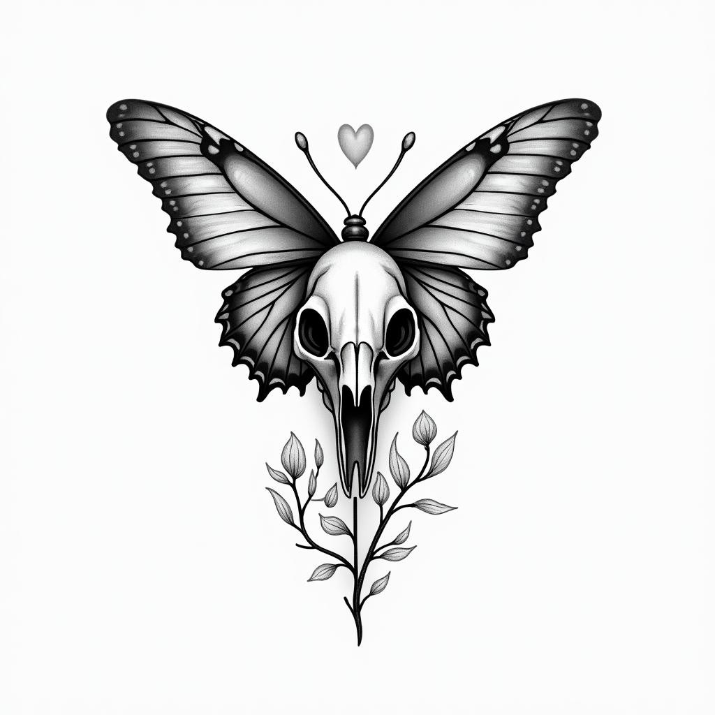 Butterfly dolphin skullin Modest style tattoo, featuring soft, delicate line work with simple and meaningful symbols, gentle waves, a heart, evoking a sense of serenity and grace, - Variation 4