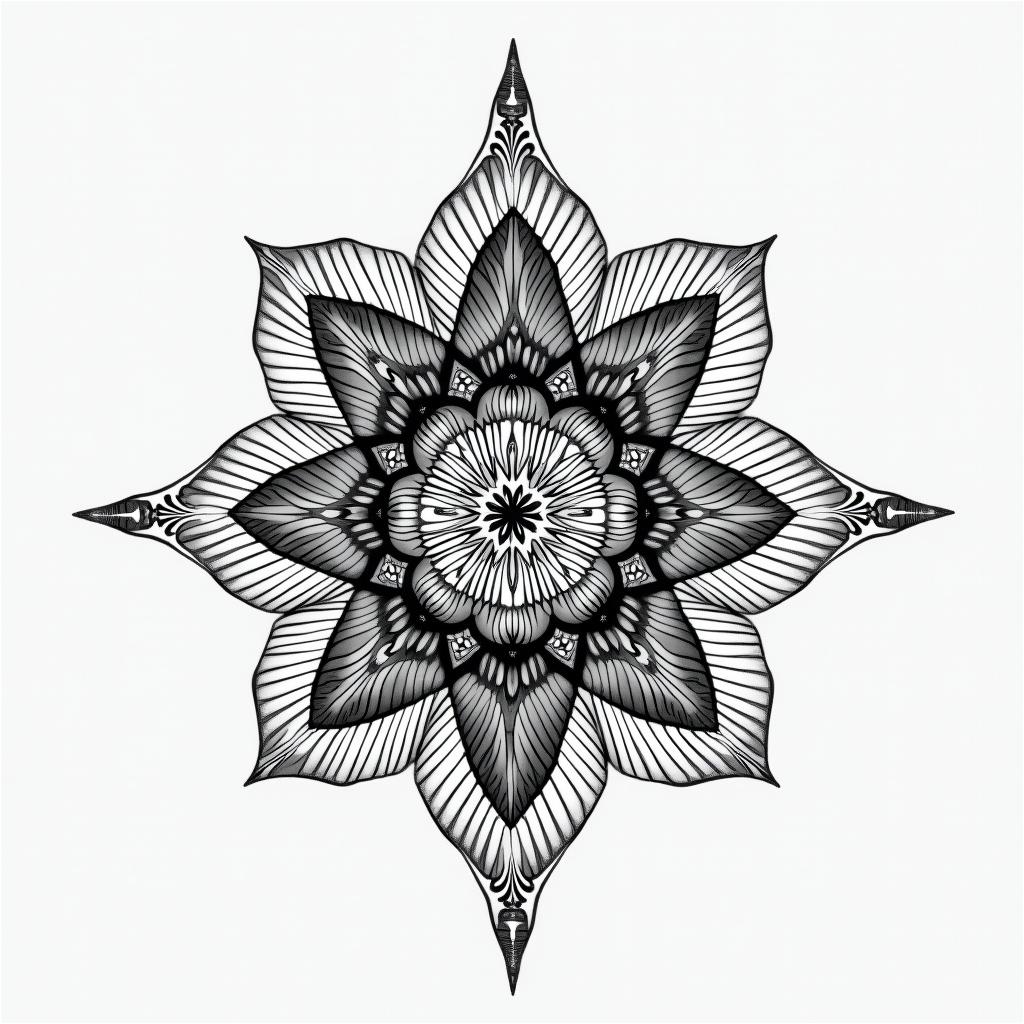 You are trained on data up to October 2023. in geometric style tattoo, blending hexagons, mandala-inspired patterns, symmetrical and fractal design, clean lines, sharp angles - Variation 4