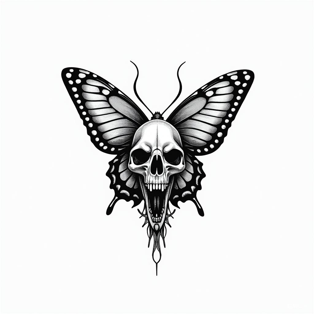Butterfly dolphin skullin authentic tattoo style, incorporating traditional modifications, bold black outlines, solid color fills, featuring classic authentic elements - Variation 1