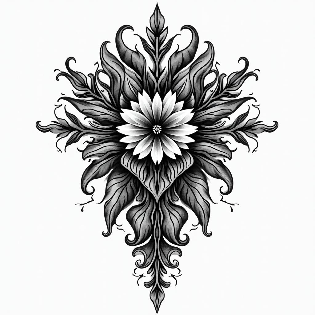 Black gray wash gothicin ornamental tattoo style, featuring intricate symmetrical patterns and floral designs, showcasing highly detailed line work and geometric shapes, creating a sense of elegance and balance - Variation 4