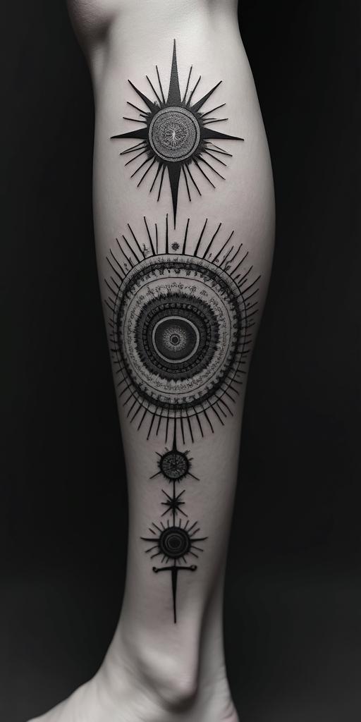 Journeyin prophecy tattoo style, featuring mystical symbols, celestial imagery like stars, moons, suns, geometric patterns, foretelling elements, an eye of wisdom - Variation 2
