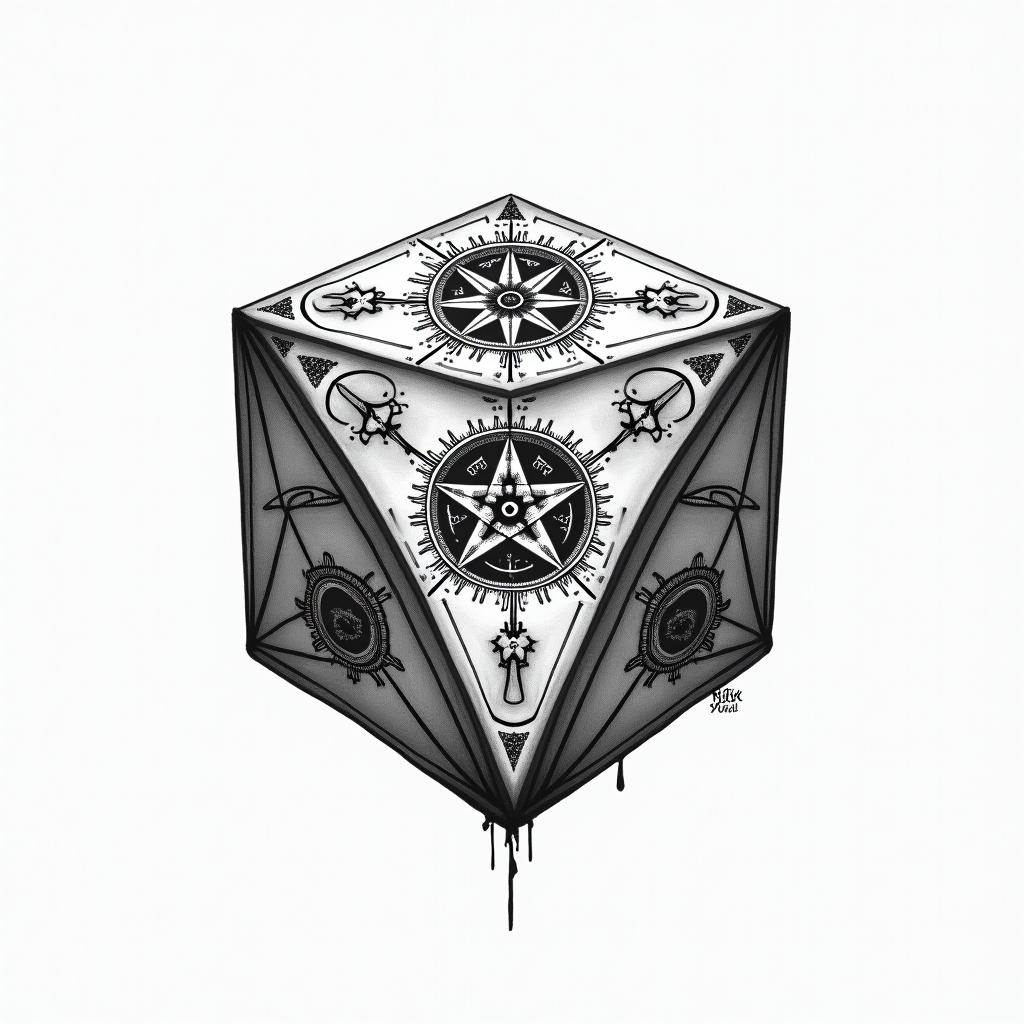 Traditional dice, compass rose, world map, infinity symbolhigly detailed tattoo - Variation 2