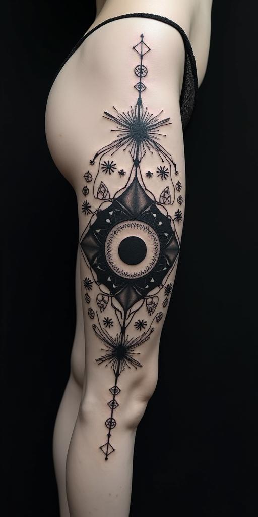 Journeyin prophecy tattoo style, featuring mystical symbols, celestial imagery like stars, moons, suns, geometric patterns, foretelling elements, an eye of wisdom