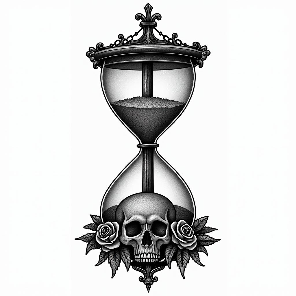 Hourglass with sand and skullsin chicano style tattoo, featuring intricate black and grey shading, bold elements of traditional chicano culture symbols, add a big cross with skull, chains and roses - Variation 5