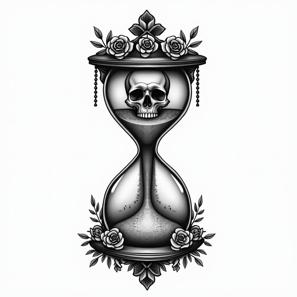 Hourglass with sand and skullsin chicano style tattoo, featuring intricate black and grey shading, bold elements of traditional chicano culture symbols, add a big cross with skull, chains and roses - Variation 6