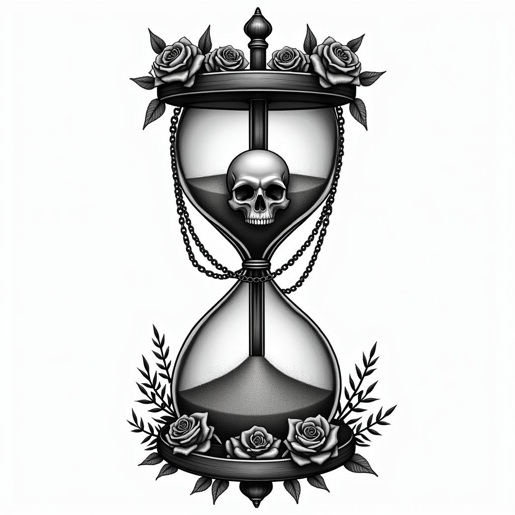 Hourglass with sand and skullsin chicano style tattoo, featuring intricate black and grey shading, bold elements of traditional chicano culture symbols, add a big cross with skull, chains and roses - Variation 7
