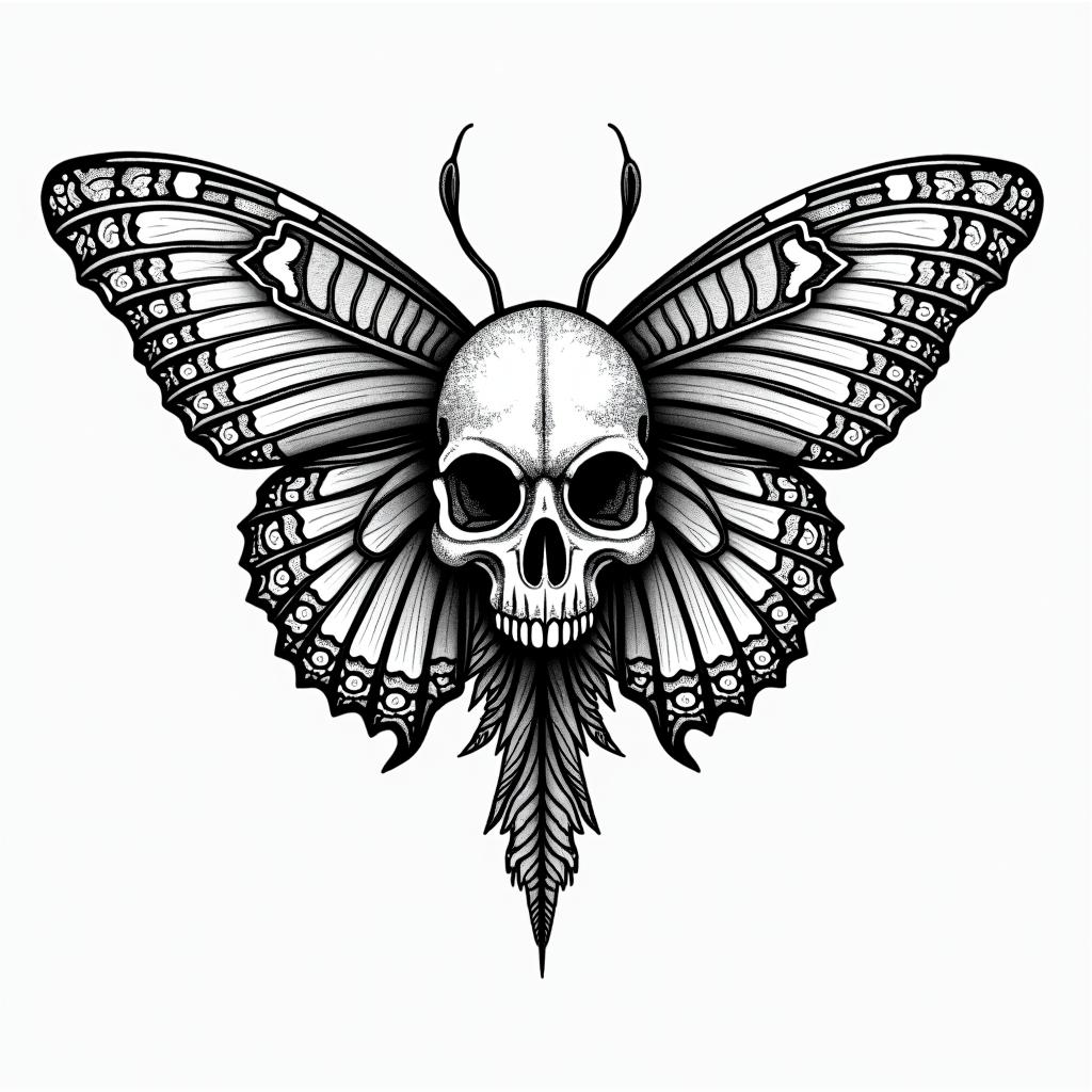 Butterfly dolphin skullin dotwork style tattoo, complex mandala patterns, interlocking geometric shapes with sharp symmetry, clean lines, sharp angles - Variation 4