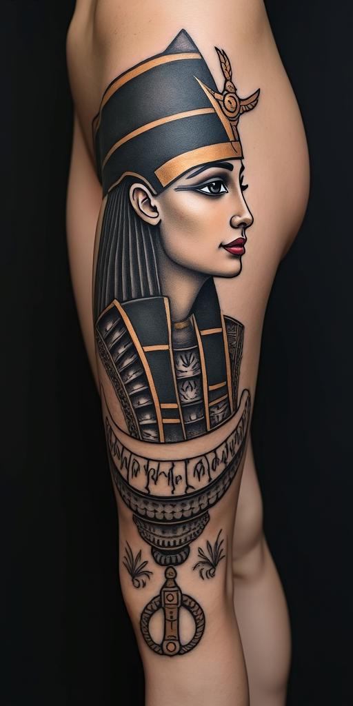 Journeyin egyptian style tattoo, bold elements of ancient egyptian culture including a portrait of an Egyptian pharaoh with detailed facial features, in hieroglyphs and symbolic imagery, eye of horus, ankh symbol, scarab beetle - Variation 3
