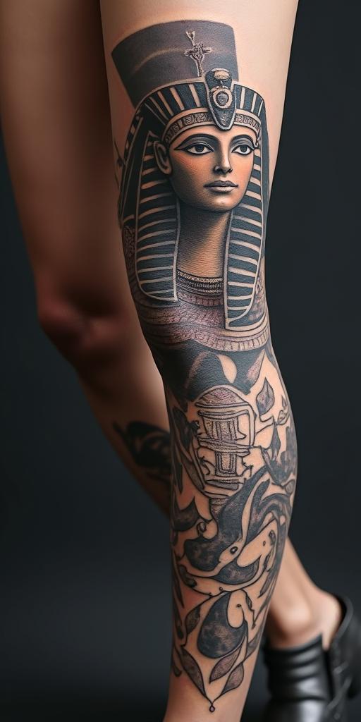 Journeyin egyptian style tattoo, bold elements of ancient egyptian culture including a portrait of an Egyptian pharaoh with detailed facial features, in hieroglyphs and symbolic imagery, eye of horus, ankh symbol, scarab beetle - Variation 2