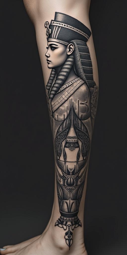 Journeyin egyptian style tattoo, bold elements of ancient egyptian culture including a portrait of an Egyptian pharaoh with detailed facial features, in hieroglyphs and symbolic imagery, eye of horus, ankh symbol, scarab beetle
