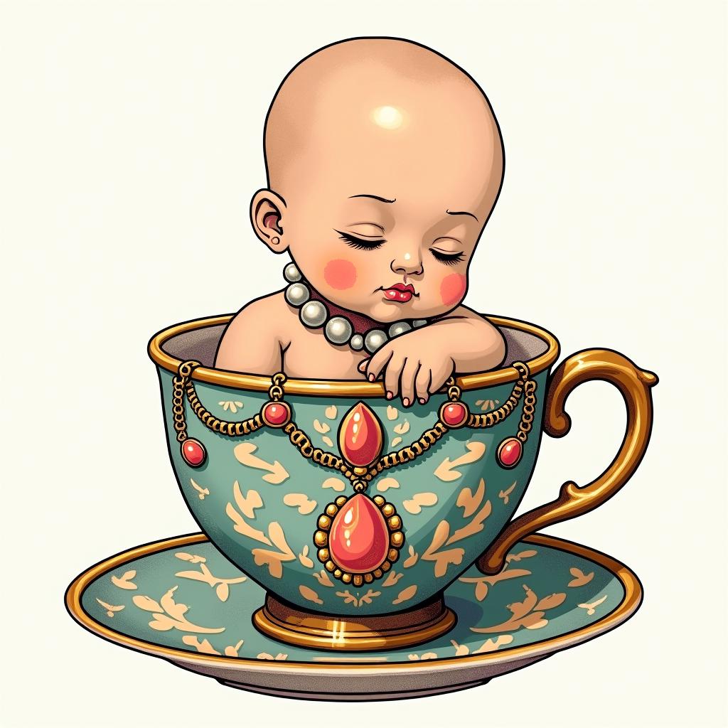 Old school sailor Jerry inspired illustration of a Teacup from the Victorian Renaissance era, heavily draped and adorned in pearls and chains with inlays of jewels and precious gemstones. Lots of colorGhibli, Studio Ghibli aesthetic, hand-drawn anime style, retro nostalgic atmosphere, retro soft pastel color palette with earthy tones, retro Japanese cinematic shot, yellow tint effect, bald character, smooth surface, anime shadow 90's anime style - Variation 2
