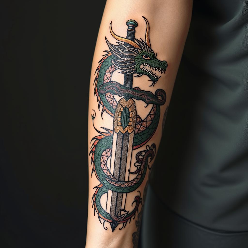 Majestic dragon wrapped around a swordin bohemian style tattoo, 8k - Variation 7