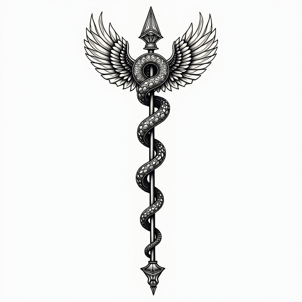 Symbol of medicine with two intertwined snakes around a rod with two wings on the front of the tibia below the kneecap.in ornamental tattoo style, featuring intricate symmetrical patterns and floral designs, showcasing highly detailed line work and geometric shapes, creating a sense of elegance and balance
