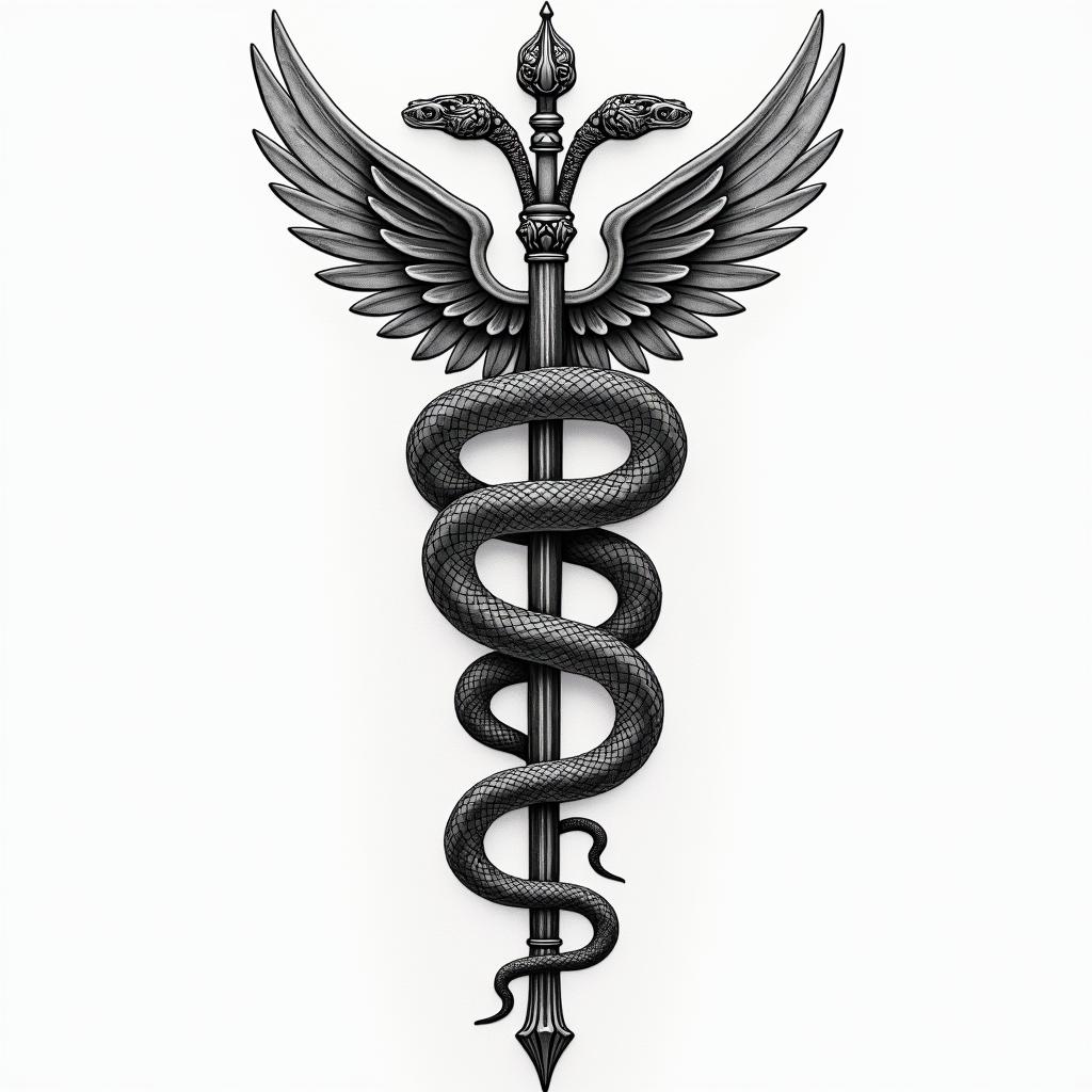 Symbol of medicine with two intertwined snakes around a rod with two wings on the front of the tibia below the kneecap.in ornamental tattoo style, featuring intricate symmetrical patterns and floral designs, showcasing highly detailed line work and geometric shapes, creating a sense of elegance and balance - Variation 3