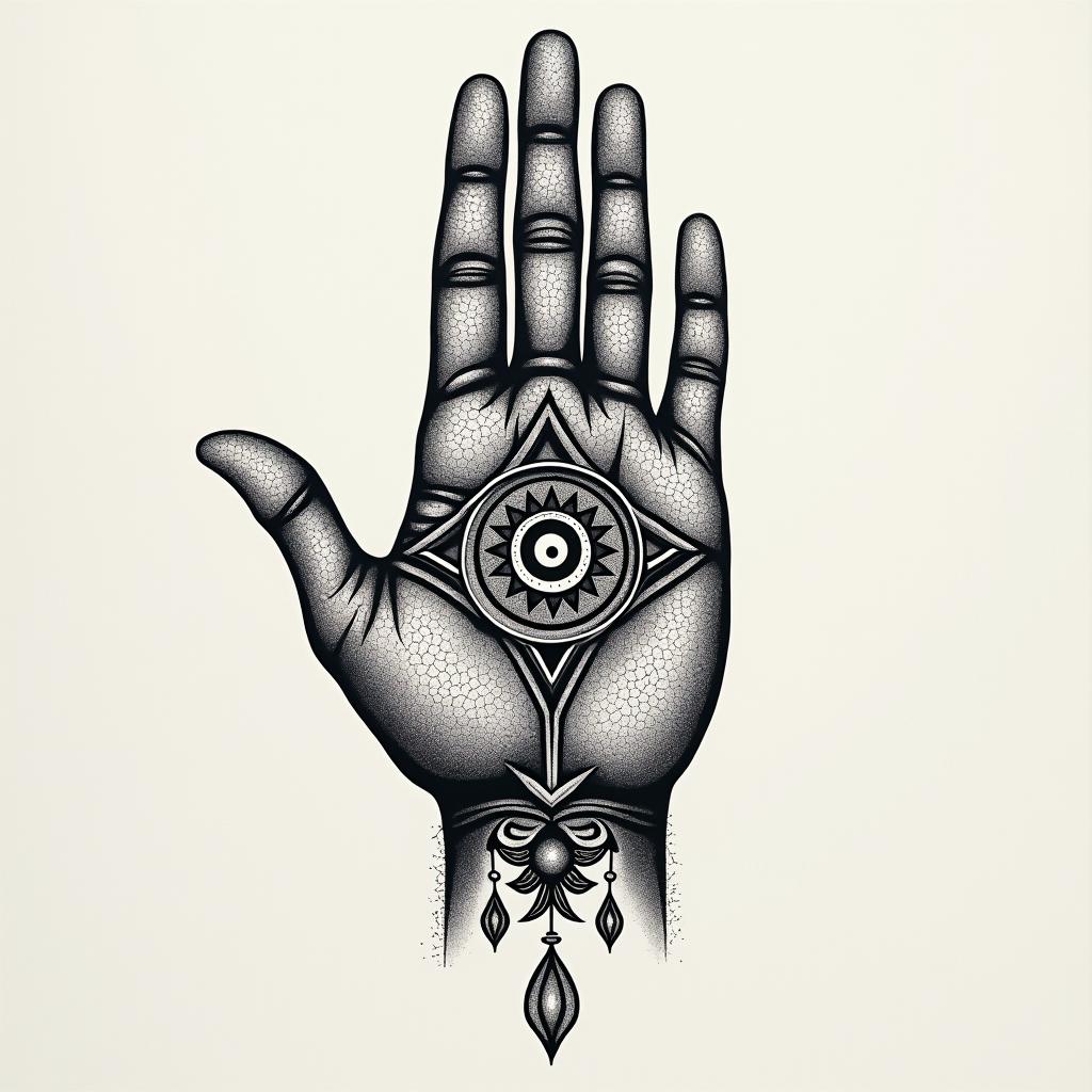 Joraï, Cancer, Bordeauxin spiritual symbols tattoo style, featuring an intricate design incorporating elements, Hamsa hand, third eye, minimalist composition