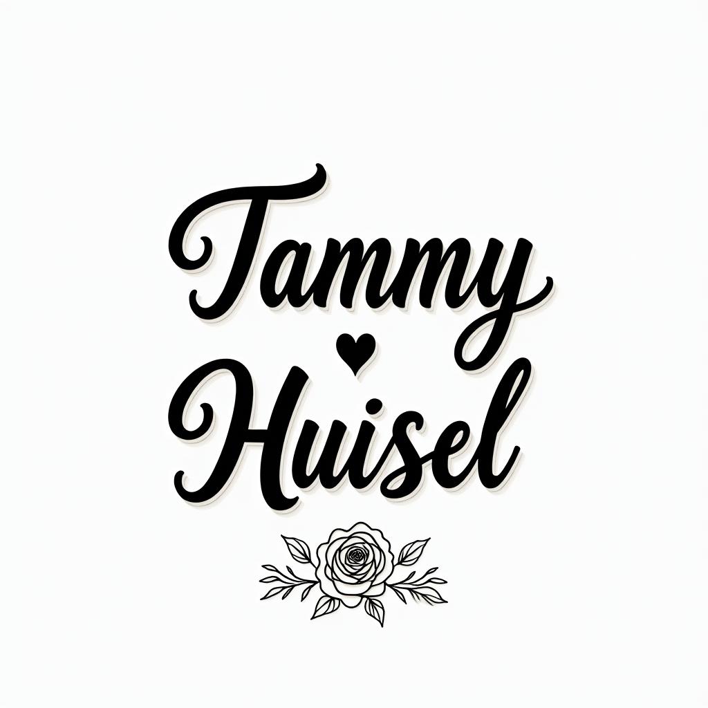 Tammy Huisel Born April 20, 1982 - at Rest April 4, 2025 A daughter, mother, best friend , ride or die, The Princess that everyone loves, blessed her so muchin elegant cursive calligraphy style 2d tattoo, decorate with roses, featuring a smooth and flowing handwritten script with slightly thickened strokes for a luxurious and bold appearance,  heart symbol between names,  sleek and glossy black text with shadowing, minimalist matte white background, clean and sharp edges, illuminated with soft lighting, romantic, 8k, high-quality textures with refined typography - Variation 2