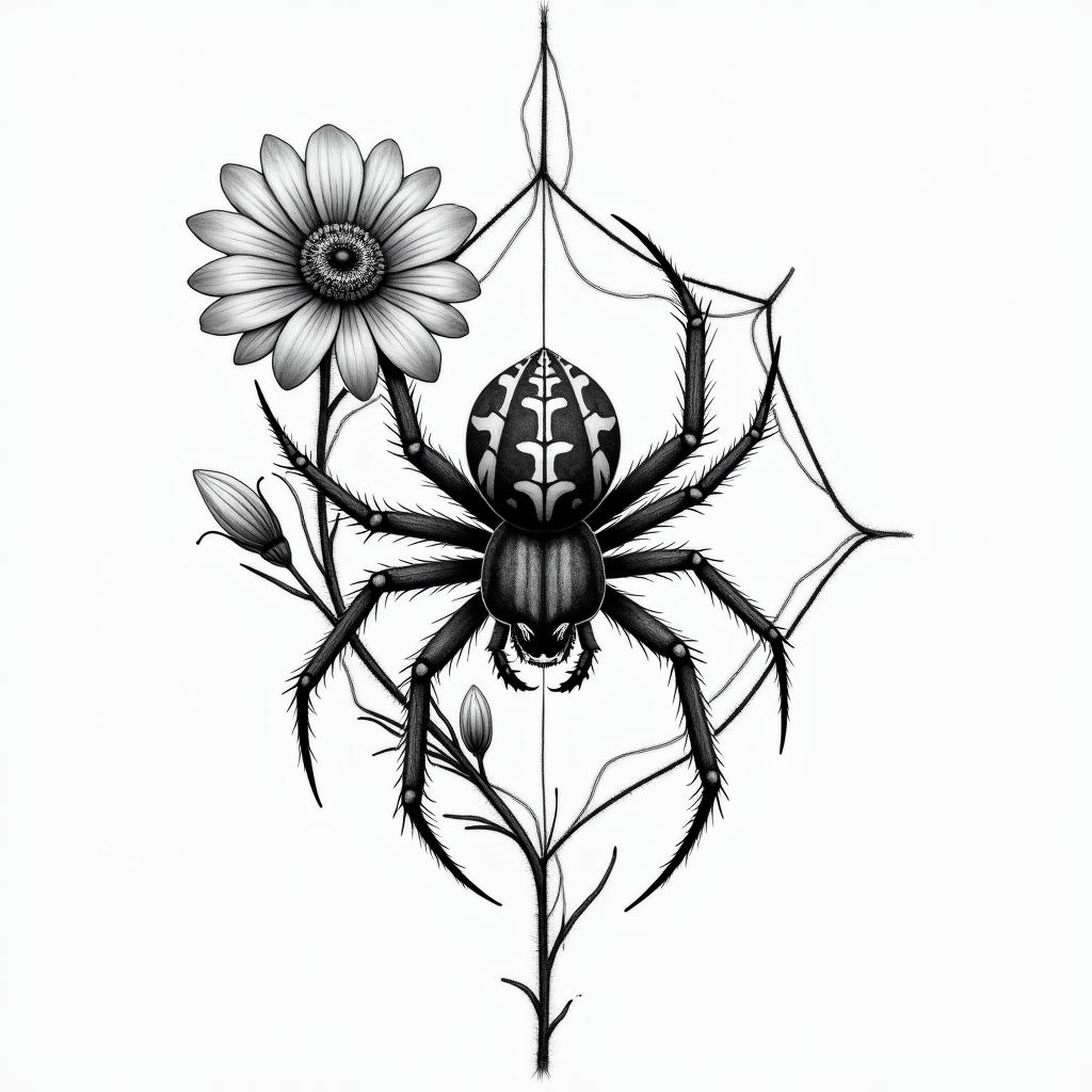 Small spider on web with flowers with stemin portrait tattoo style, featuring a highly realistic and detailed depiction  - Variation 35