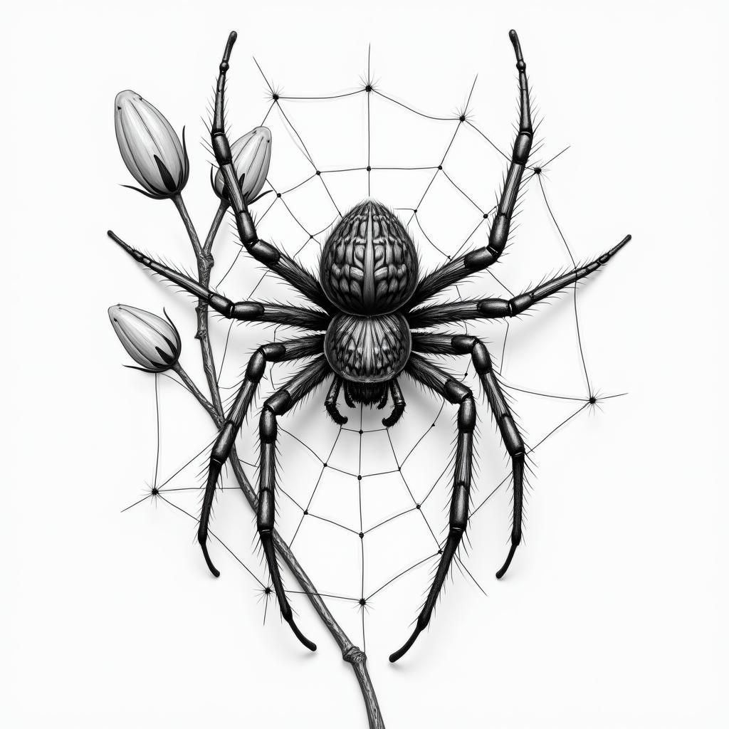 Small spider on web with flowers with stemin portrait tattoo style, featuring a highly realistic and detailed depiction  - Variation 34