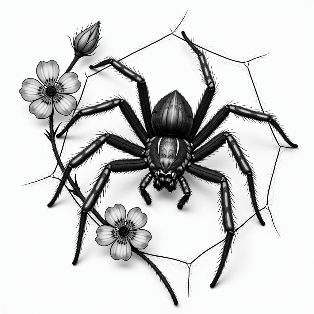 Small spider on web with flowers with stemin portrait tattoo style, featuring a highly realistic and detailed depiction  - Variation 36
