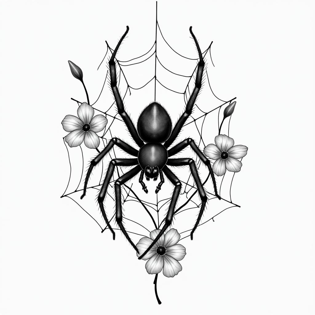 Small spider on web with flowers with stemin portrait tattoo style, featuring a highly realistic and detailed depiction  - Variation 31