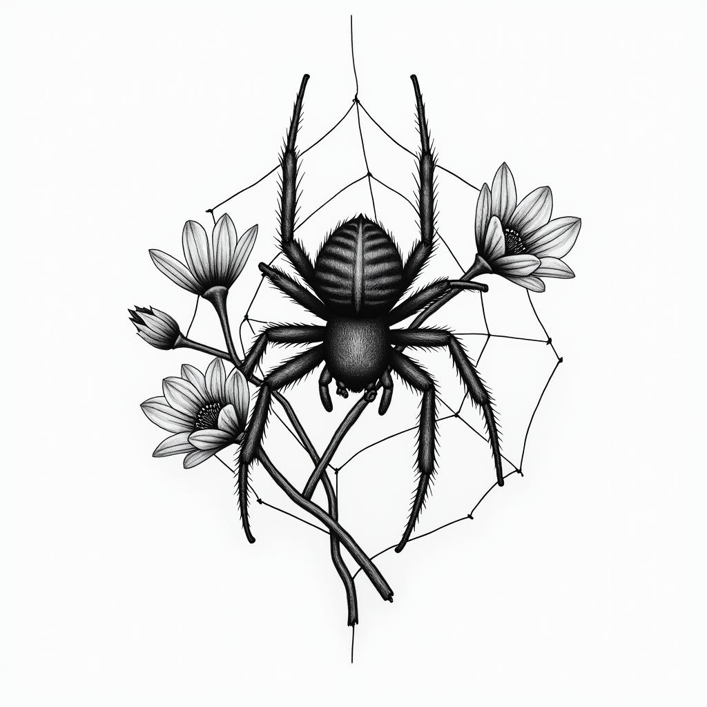 Small spider on web with flowers with stemin portrait tattoo style, featuring a highly realistic and detailed depiction  - Variation 29