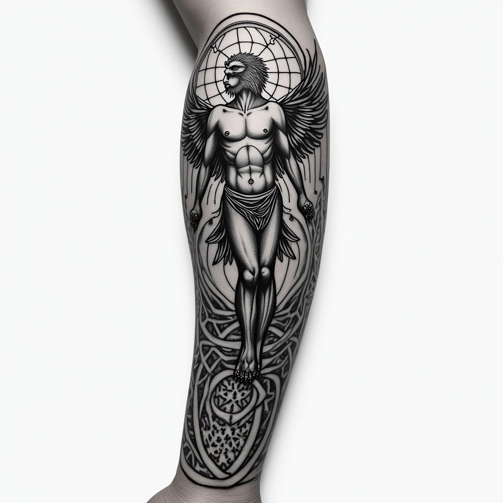Sepearate tatoos on arm but in the form of the Vitruvian man, to include world, eagle, Robert Johnson, showing dimensions like a blue print
higly detailed tattoo - Variation 1