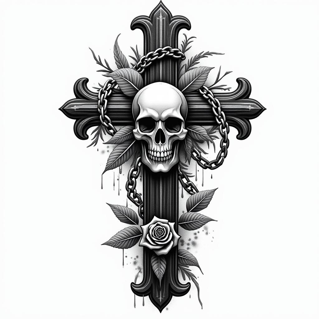 Trenboin chicano style tattoo, featuring intricate black and grey shading, bold elements of traditional chicano culture symbols, add a big cross with skull, chains and roses - Variation 4