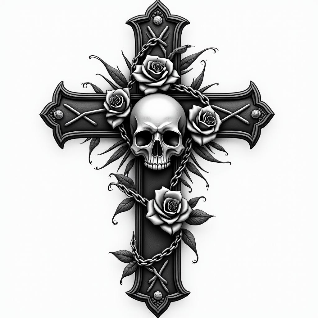 Trenboin chicano style tattoo, featuring intricate black and grey shading, bold elements of traditional chicano culture symbols, add a big cross with skull, chains and roses - Variation 2