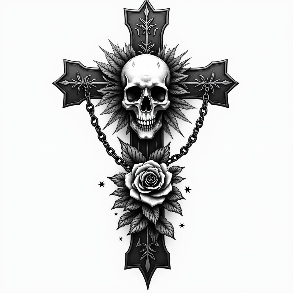 Trenboin chicano style tattoo, featuring intricate black and grey shading, bold elements of traditional chicano culture symbols, add a big cross with skull, chains and roses - Variation 3