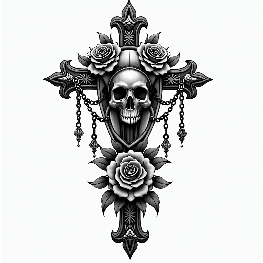 Trenboin chicano style tattoo, featuring intricate black and grey shading, bold elements of traditional chicano culture symbols, add a big cross with skull, chains and roses