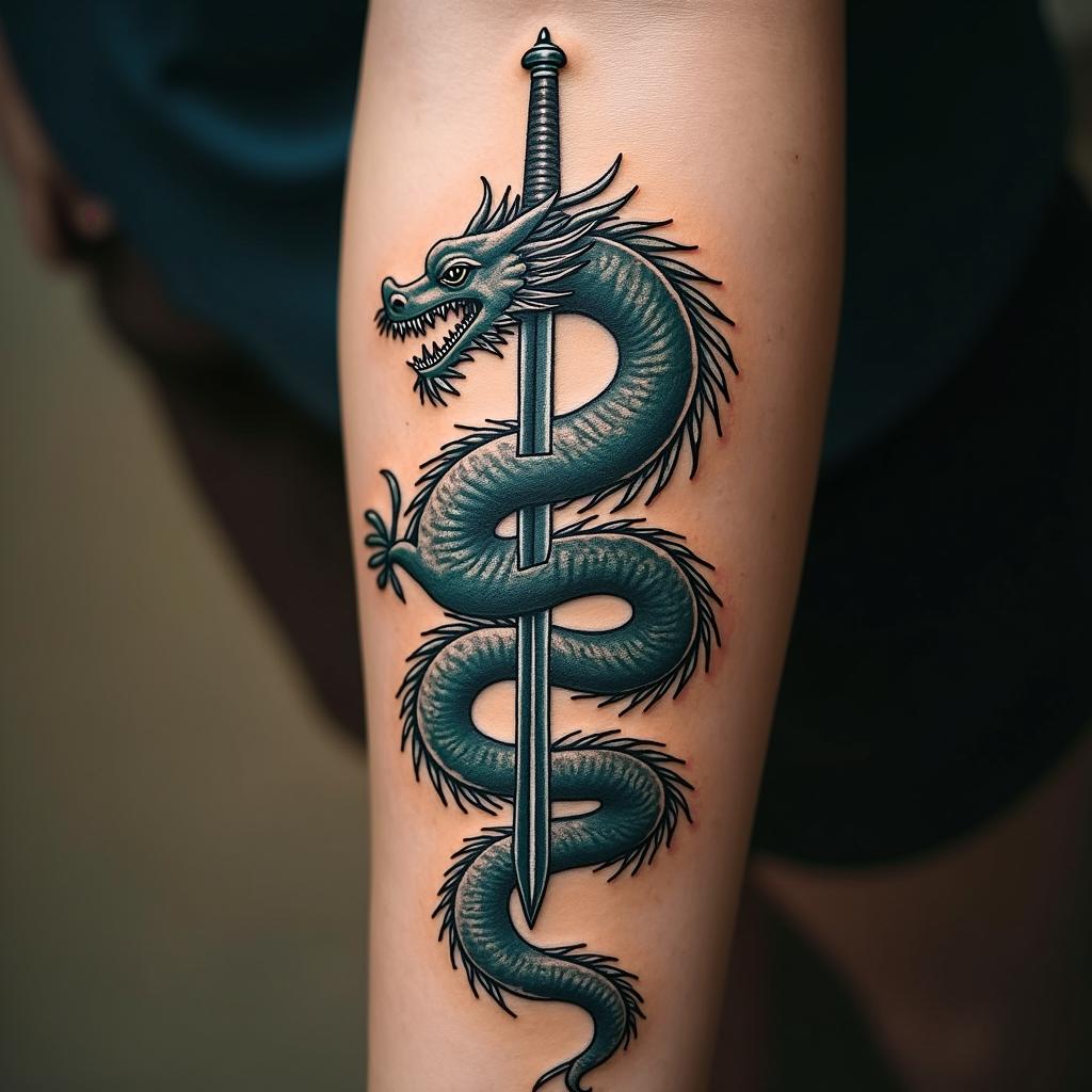 Majestic dragon wrapped around a swordin bohemian style tattoo, 8k - Variation 1