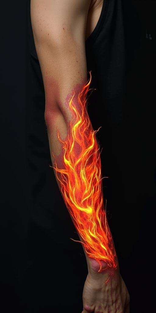 27 years with style and boldnessin flame tattoo style showcasing fiery elements with dynamic flame patterns, glowing effect of flames, natural colors