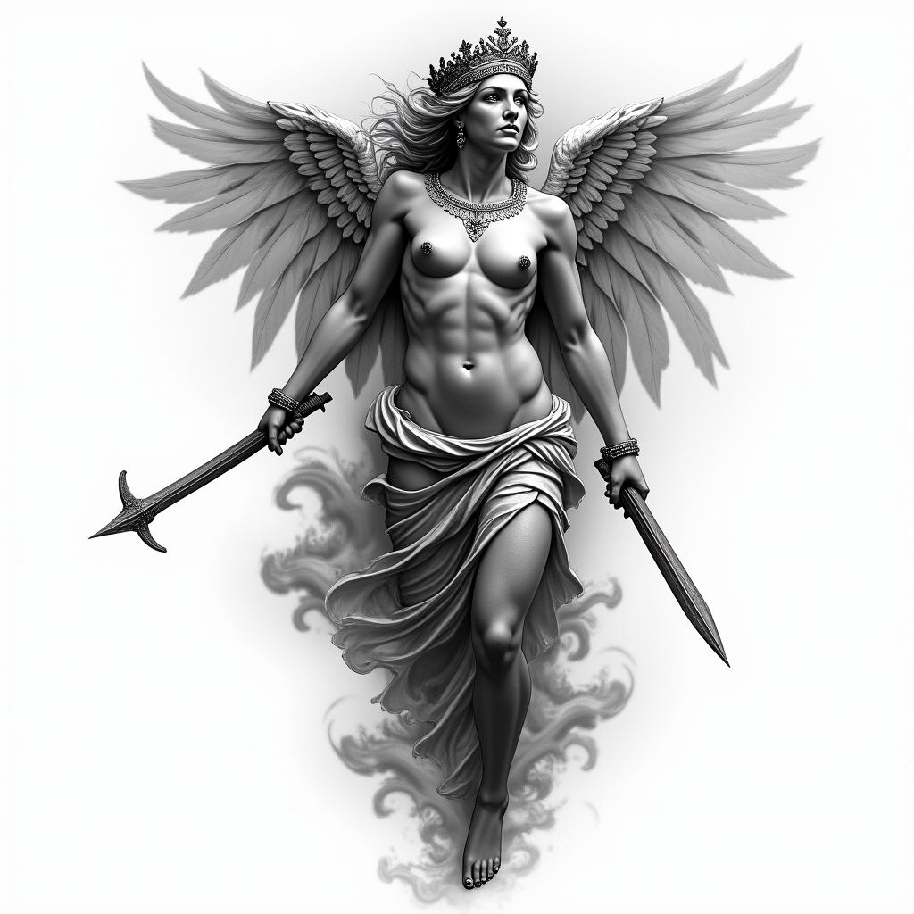 Athena, the goddess of war, firehigly detailed tattoo - Variation 51