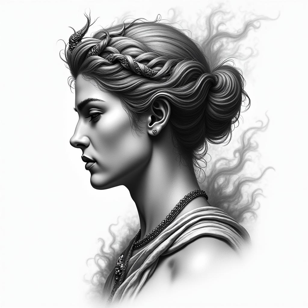 Athena, the goddess of war, firehigly detailed tattoo - Variation 52