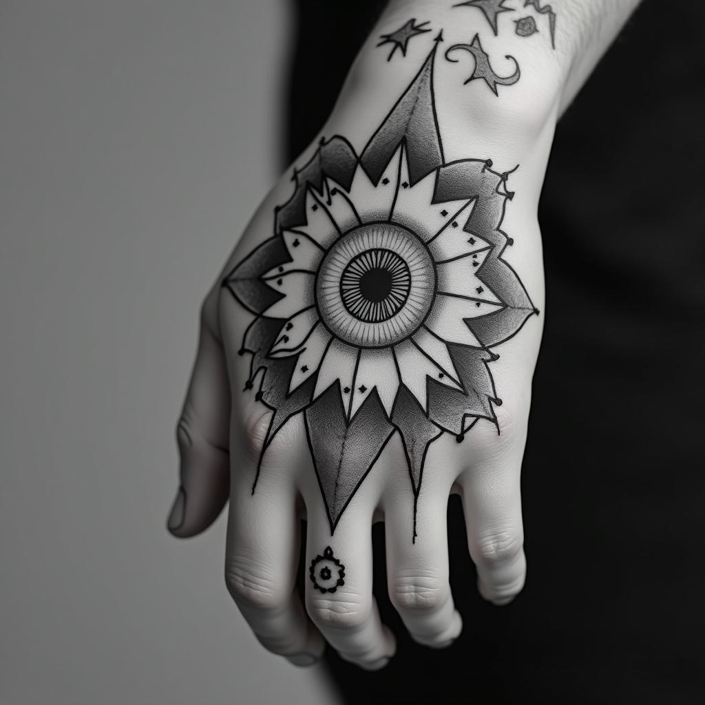 Aquariusin prophecy tattoo style, featuring mystical symbols, celestial imagery like stars, moons, suns, geometric patterns, foretelling elements, an eye of wisdom - Variation 4