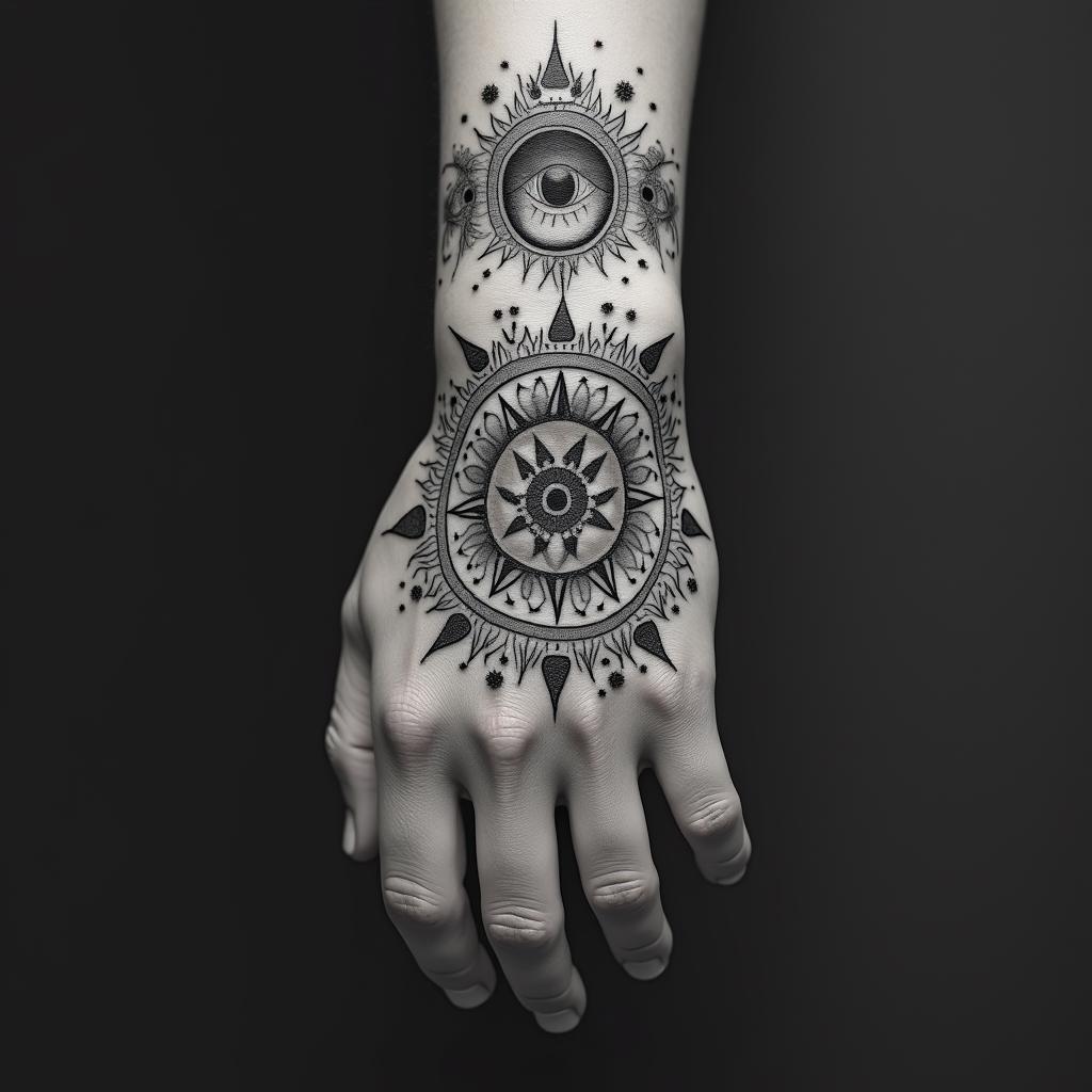 Aquariusin prophecy tattoo style, featuring mystical symbols, celestial imagery like stars, moons, suns, geometric patterns, foretelling elements, an eye of wisdom