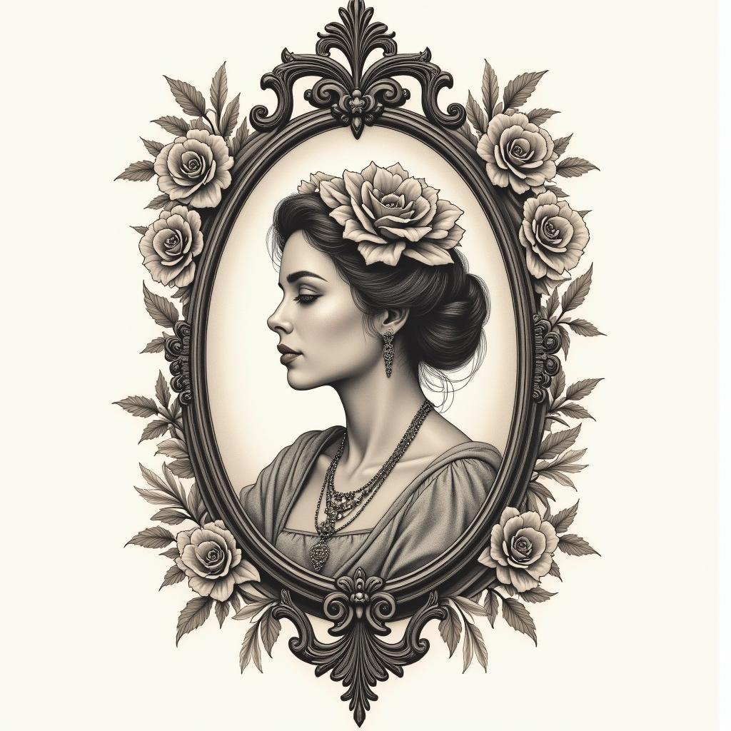Erik, 1998, Russiain victorian style tattoo, featuring vintage and elegant elements, ornate frames, roses, antique, sepia-toned color scheme - Variation 4