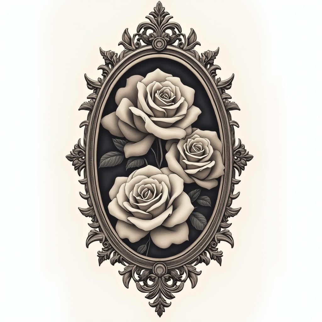 Erik, 1998, Russiain victorian style tattoo, featuring vintage and elegant elements, ornate frames, roses, antique, sepia-toned color scheme - Variation 1