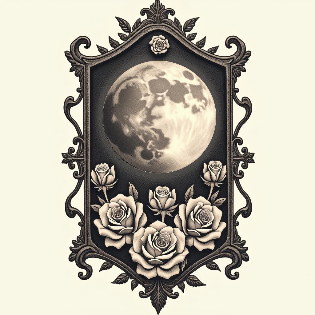 The sun, the moon, and the truth, Ismarly, Librain victorian style tattoo, featuring vintage and elegant elements, ornate frames, roses, antique, sepia-toned color scheme - Variation 1