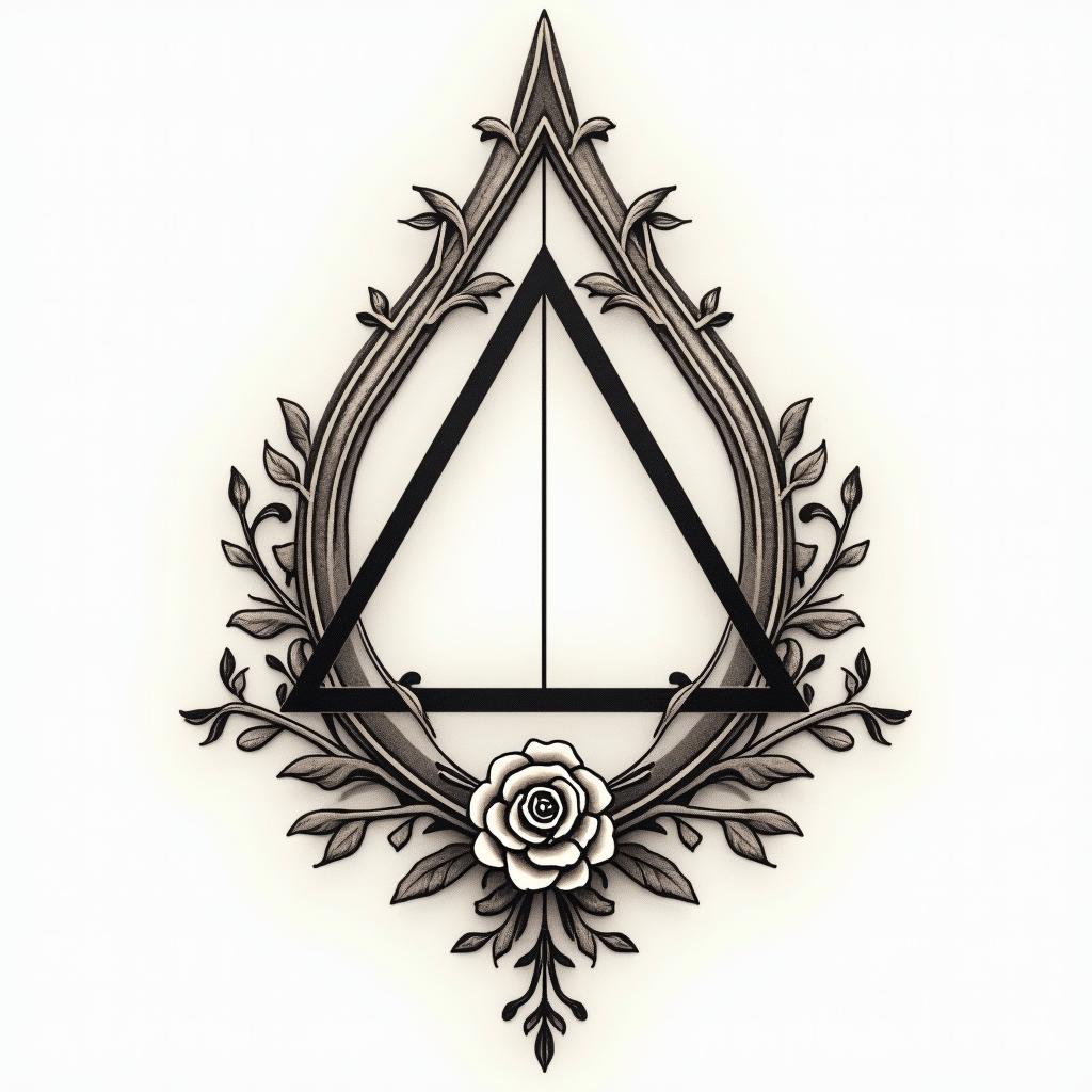 Simple triangle with a line through itin victorian style tattoo, featuring vintage and elegant elements, ornate frames, roses, antique, sepia-toned color scheme - Variation 8
