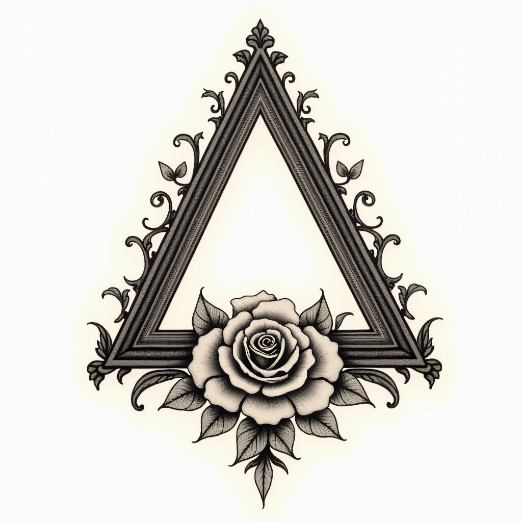 Simple triangle with a line through itin victorian style tattoo, featuring vintage and elegant elements, ornate frames, roses, antique, sepia-toned color scheme - Variation 7