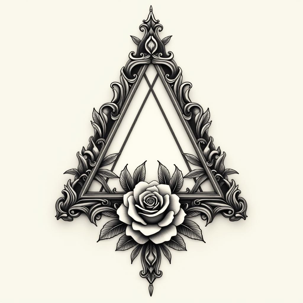 Simple triangle with a line through itin victorian style tattoo, featuring vintage and elegant elements, ornate frames, roses, antique, sepia-toned color scheme - Variation 5
