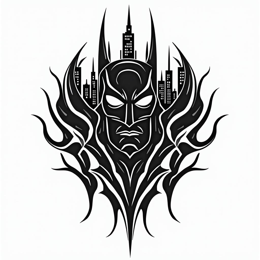 Batman silhouette against a Gotham skylinein tribal tattoo style, featuring bold and black geometric shapes, curved lines, intertwine and flow seamlessly, creating a powerful and symbolic design, polynesian and maori styles - Variation 4