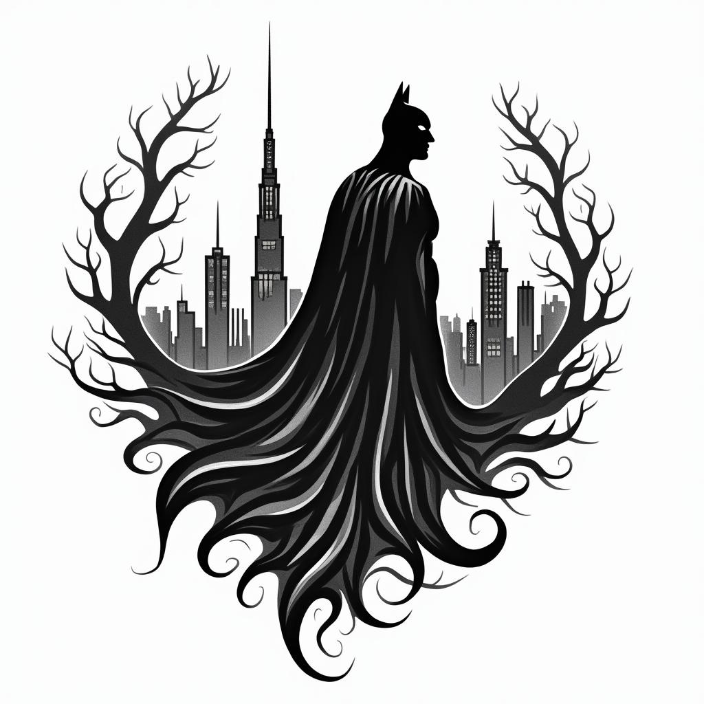 Batman silhouette against a Gotham skylinein tribal tattoo style, featuring bold and black geometric shapes, curved lines, intertwine and flow seamlessly, creating a powerful and symbolic design, polynesian and maori styles - Variation 3