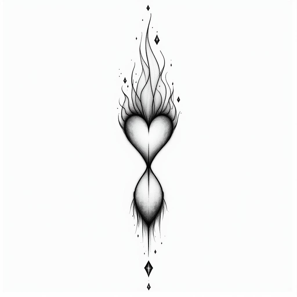 Fire Hourglass Heartin minimalist style tattoo, featuring simple shapes and fine lines, with minimal shading and details, tiny triangles, creating a sense of balance and harmony - Variation 4