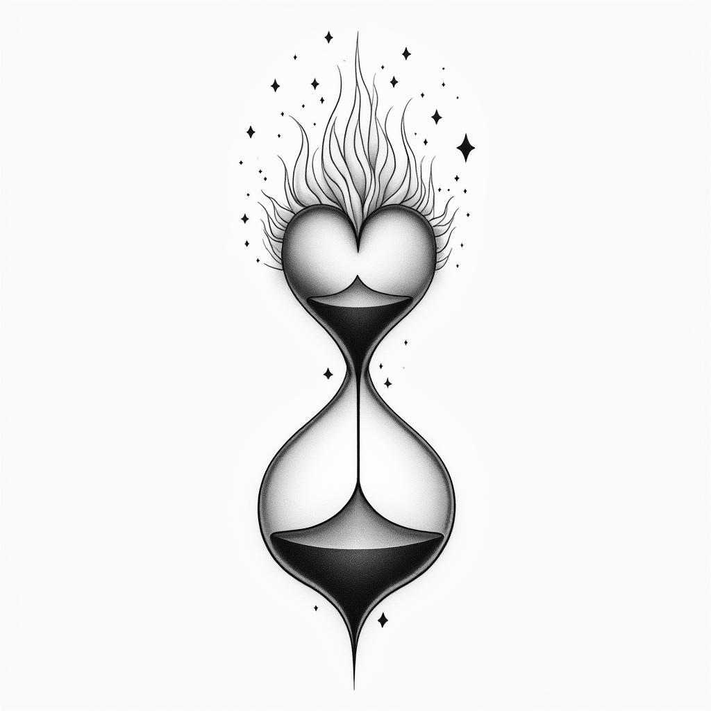 Fire Hourglass Heartin minimalist style tattoo, featuring simple shapes and fine lines, with minimal shading and details, tiny triangles, creating a sense of balance and harmony - Variation 1