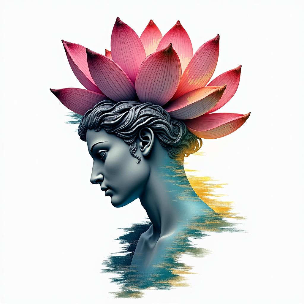 Lotusin distorted and fragmented tattoo design, featuring a classical statue bust, in a glitch art style with vibrant, overlapping colors of cyan, magenta, and yellow, creating a digital distortion effect - Variation 4