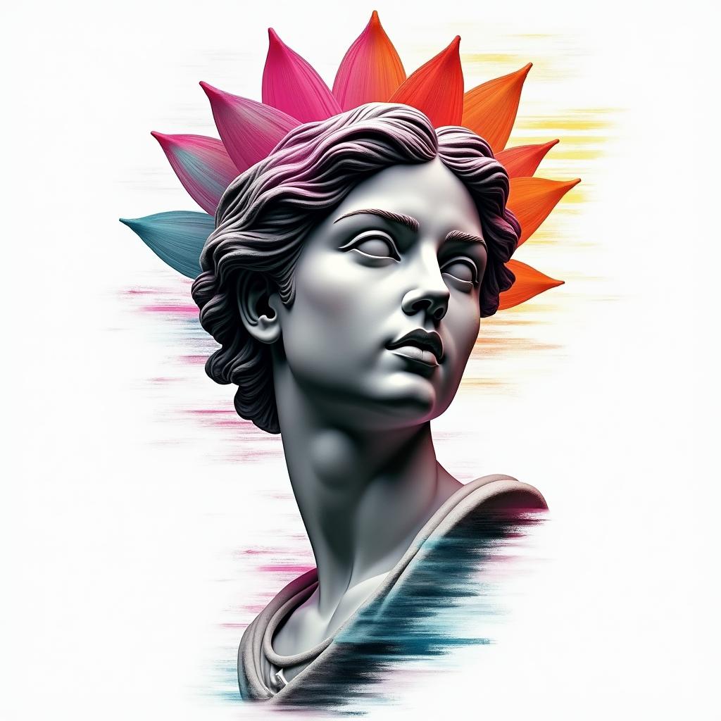 Lotusin distorted and fragmented tattoo design, featuring a classical statue bust, in a glitch art style with vibrant, overlapping colors of cyan, magenta, and yellow, creating a digital distortion effect - Variation 3