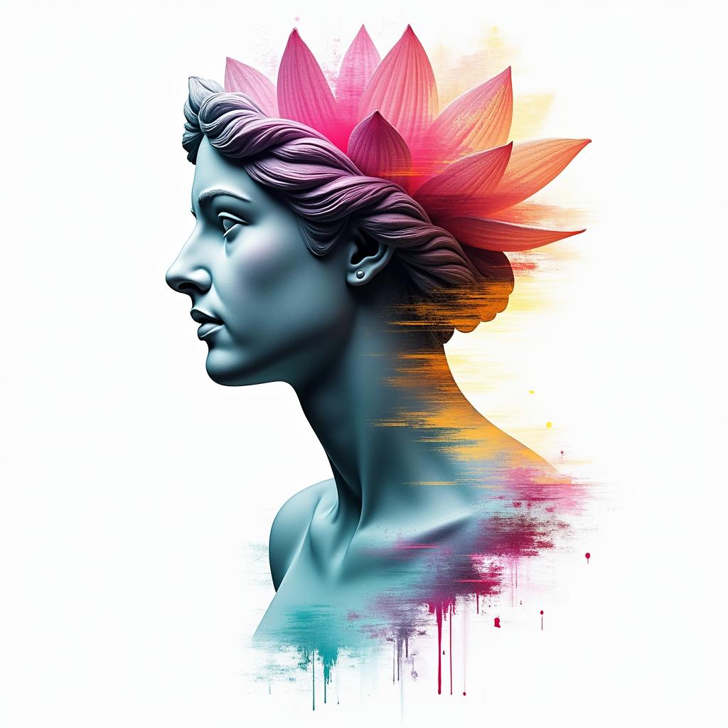 Lotusin distorted and fragmented tattoo design, featuring a classical statue bust, in a glitch art style with vibrant, overlapping colors of cyan, magenta, and yellow, creating a digital distortion effect - Variation 2