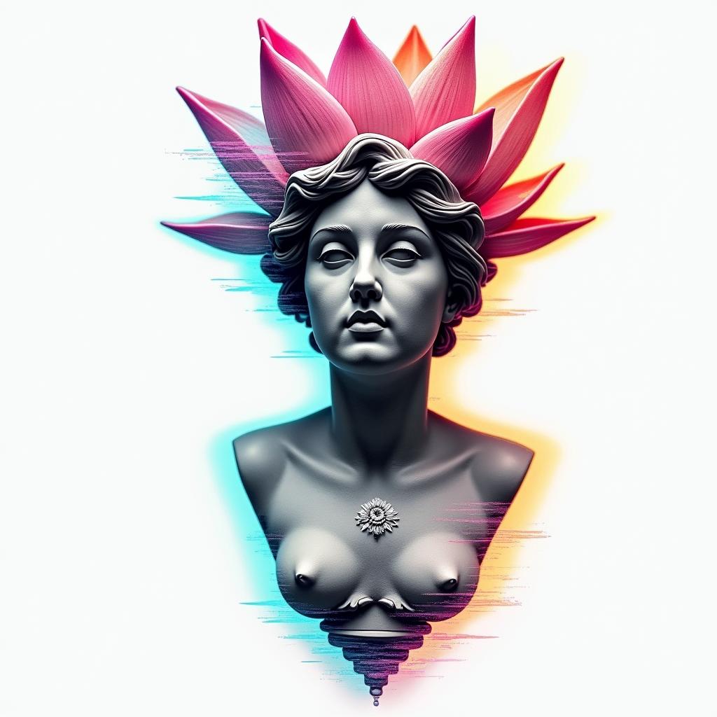 Lotusin distorted and fragmented tattoo design, featuring a classical statue bust, in a glitch art style with vibrant, overlapping colors of cyan, magenta, and yellow, creating a digital distortion effect